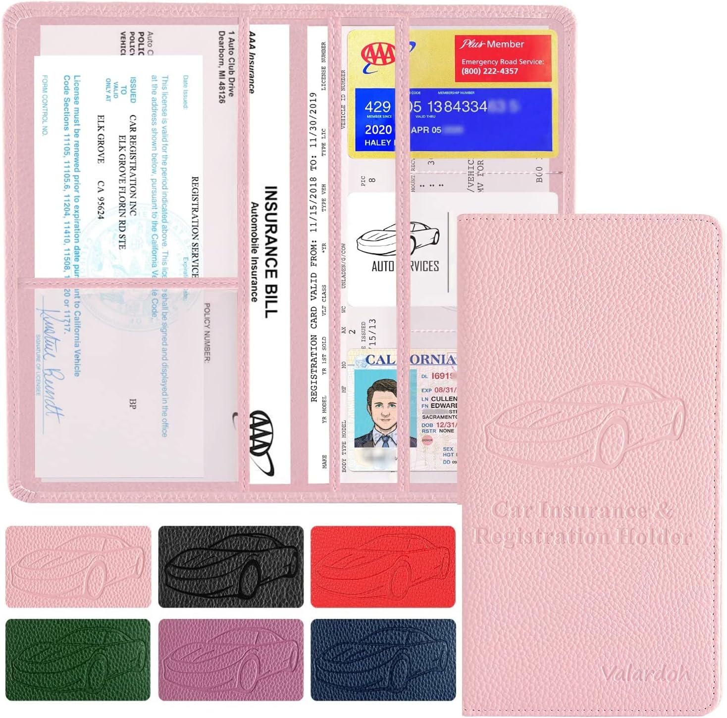 Valardoh Premium Car Registration and Insurance Card Holder, Car Document Holder for Cards, Driver License & other Essential Documents (Pink)