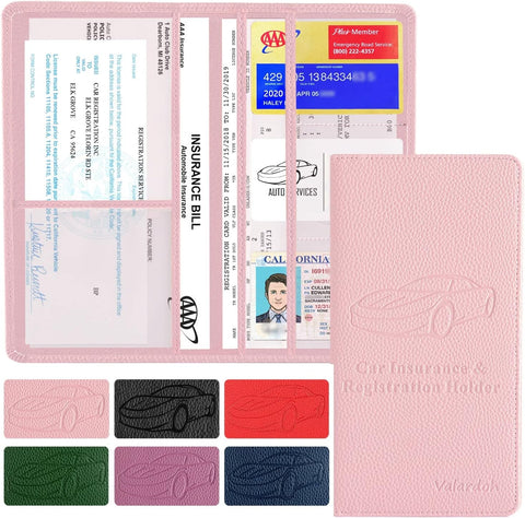 Valardoh Premium Car Registration and Insurance Card Holder, Car Document Holder for Cards, Driver License & other Essential Documents (Pink)