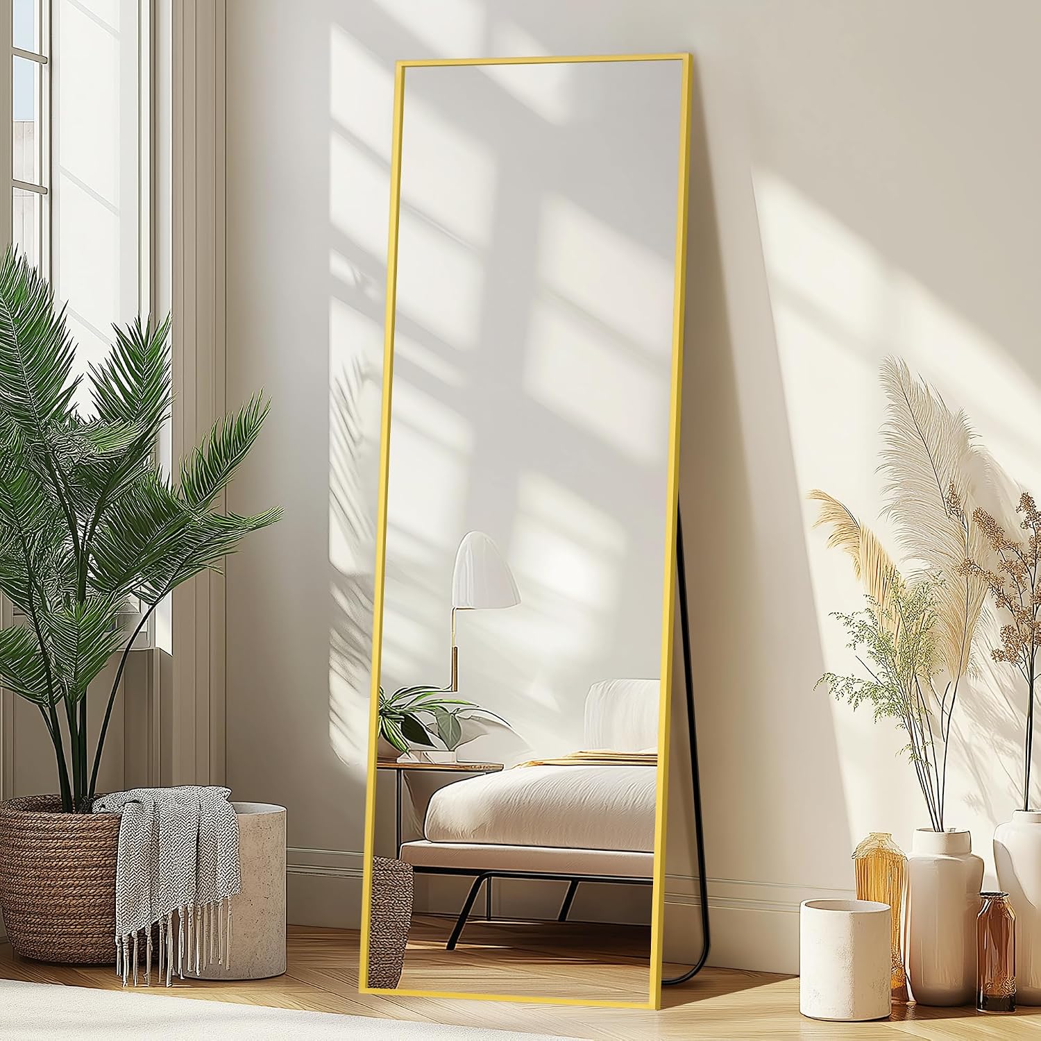 Delma Full Length Mirror with Stand, 56x15 Gold Floor Mirror