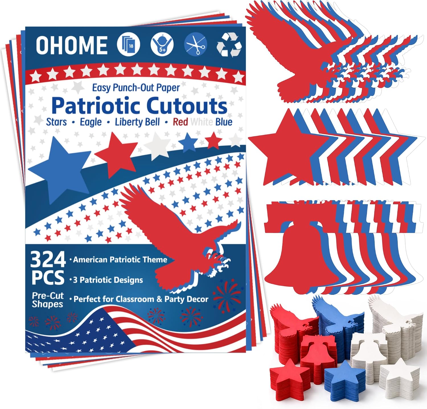 4th of July Decorations - 324 PCS Red White Blue Paper Star Eagle Liberty Bell Shape Cutouts Pre-Cut Set - Fourth of July Accessories, Patriotic Party Supplies Decor,250th Anniversary USA Merchandise