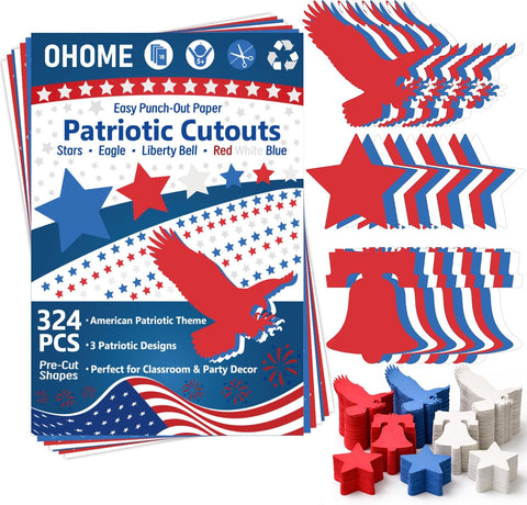 4th of July Decorations - 324 PCS Red White Blue Paper Star Eagle Liberty Bell Shape Cutouts Pre-Cut Set - Fourth of July Accessories, Patriotic Party Supplies Decor,250th Anniversary USA Merchandise