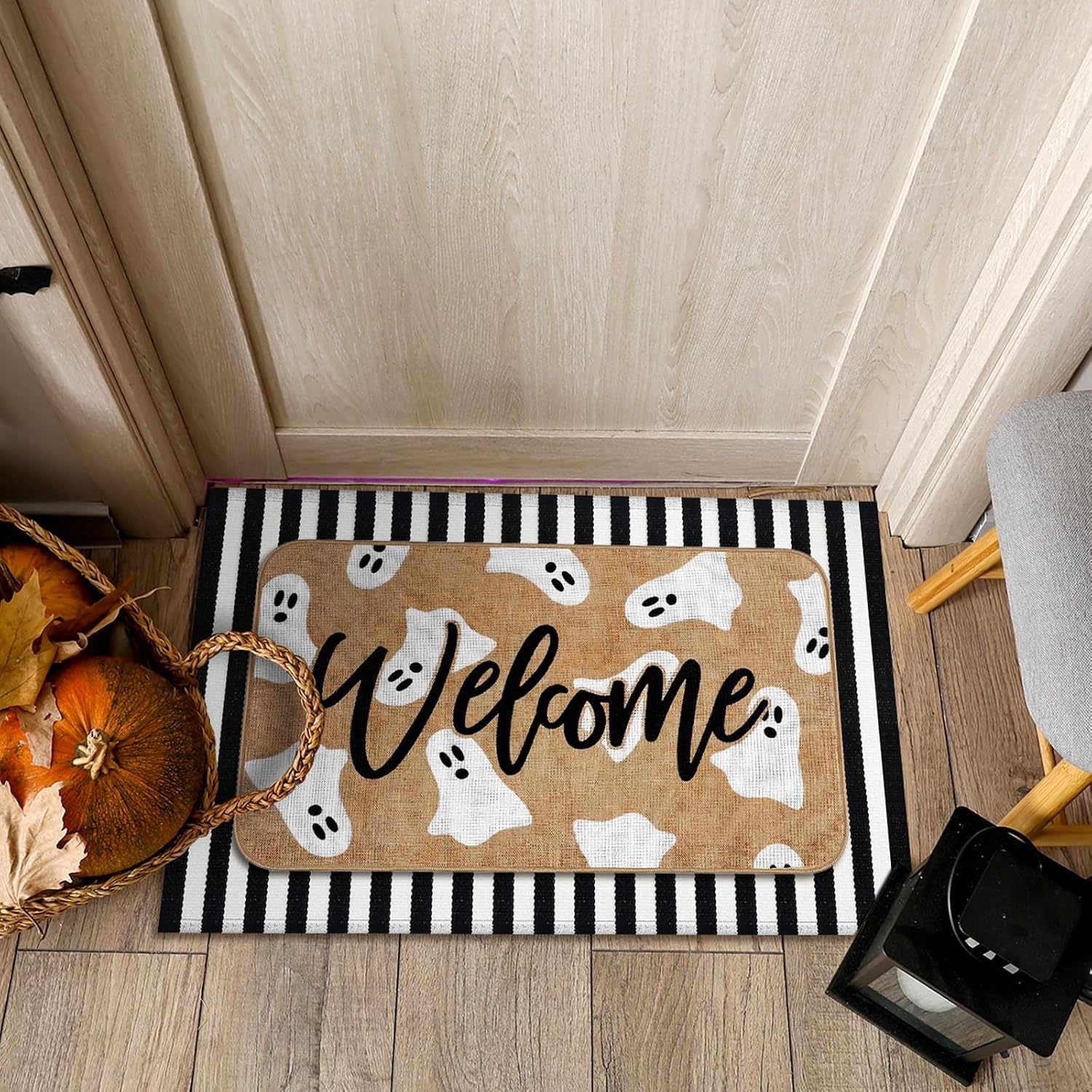 Tinideya 2 Pcs Halloween Door Mat Set, Outdoor Ghost Welcome Front Rug