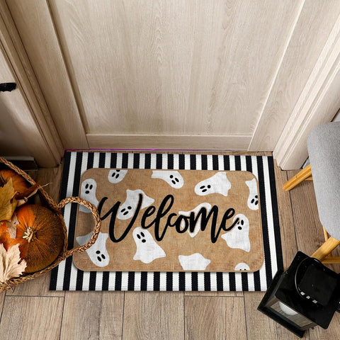 Tinideya 2 Pcs Halloween Door Mat Set, Outdoor Ghost Welcome Front Rug