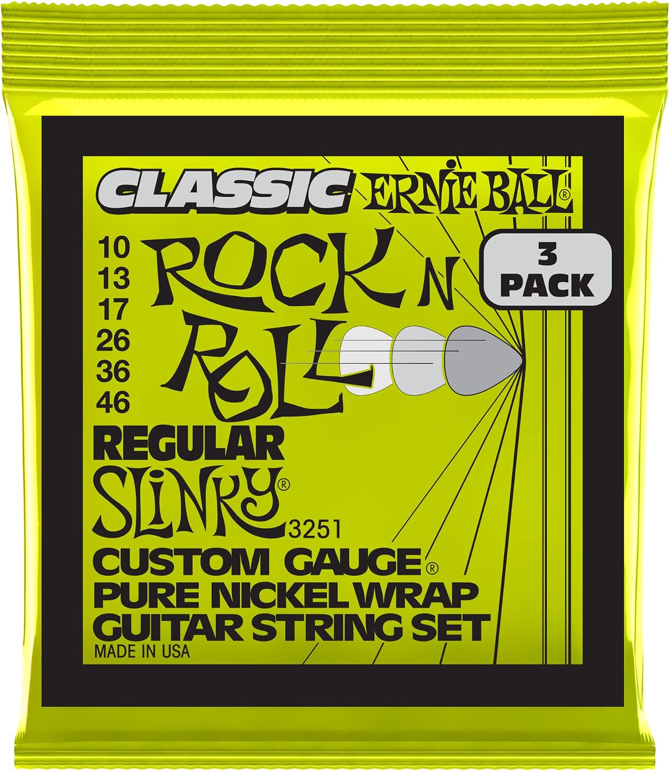 Ernie Ball Regular Slinky Classic Pure Nickel Electric Guitar Strings 3-pack, 10-46 Gauge (P03251)