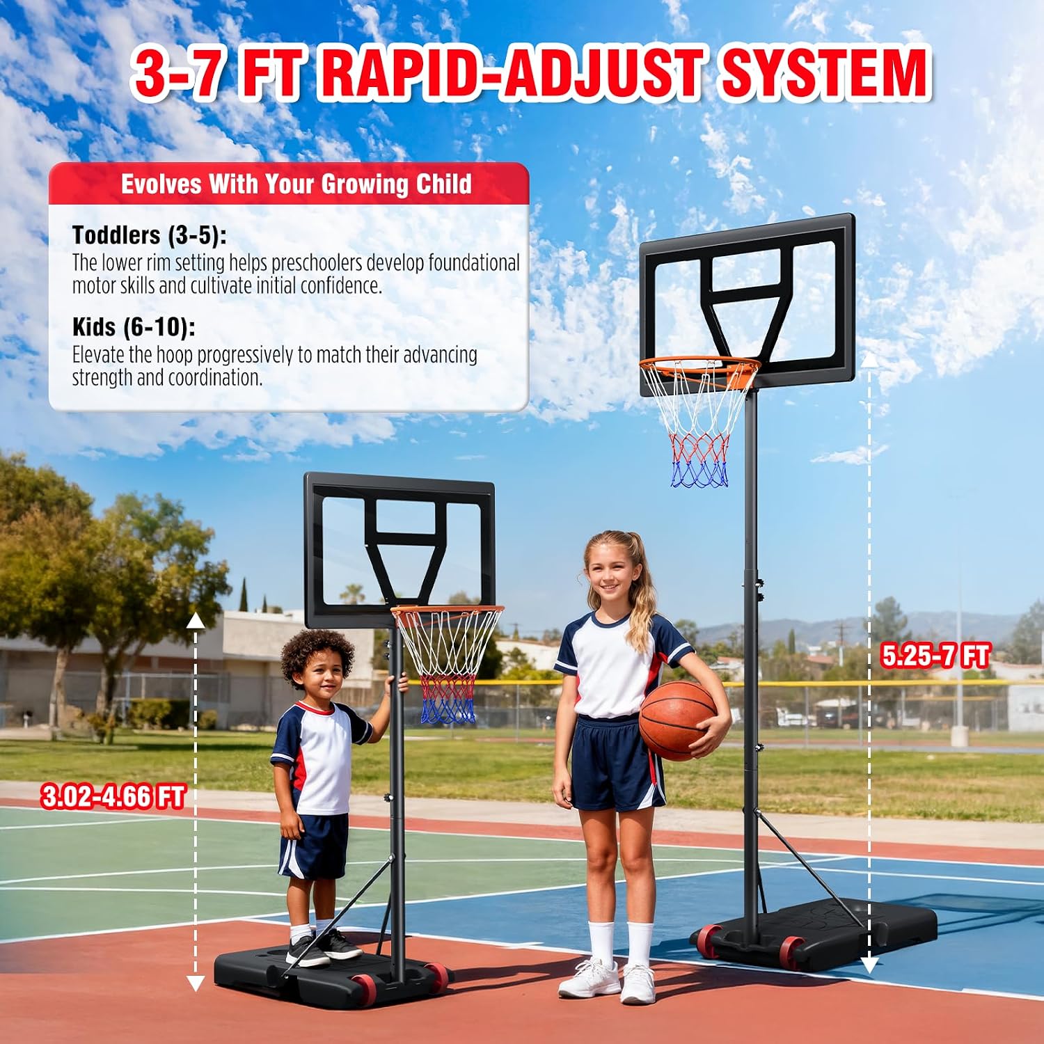 Yohood Kids Basketball Hoop Outdoor Height Adjustable 3-7 FT, Portable Basketball Goal System for Kids Youth Teens in Backyard/Driveway/Indoor, Shatterproof Backboard and Stable Base