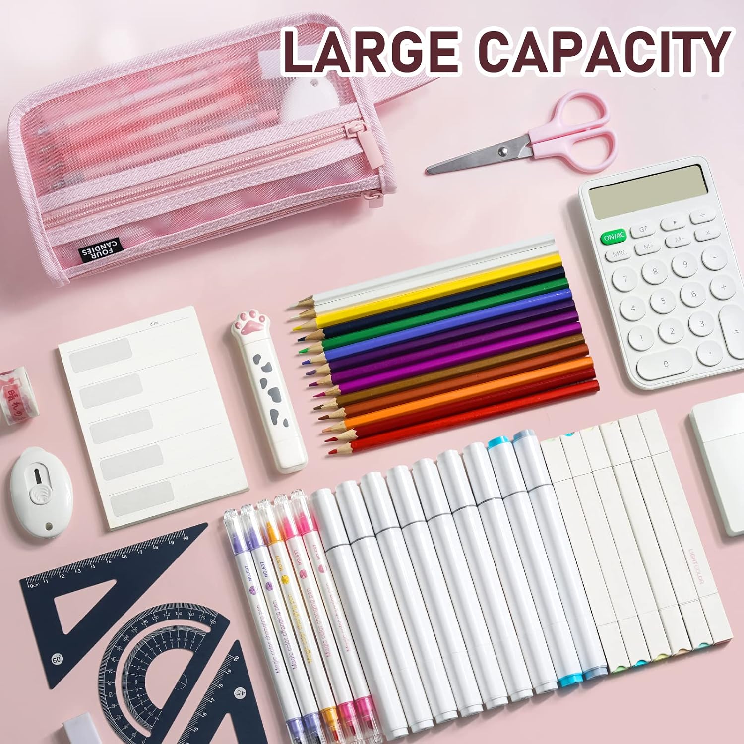 Four Candies Grid Mesh Pencil Case, Clear Double-layer with Handle (Pink)