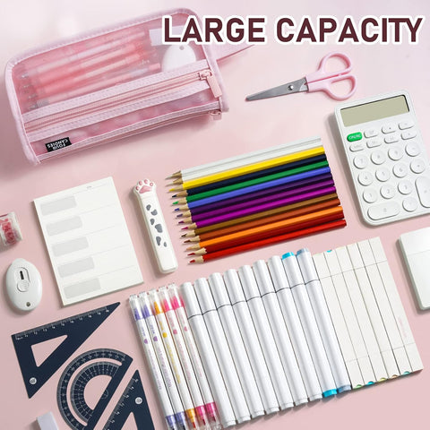 Four Candies Grid Mesh Pencil Case, Clear Double-layer with Handle (Pink)