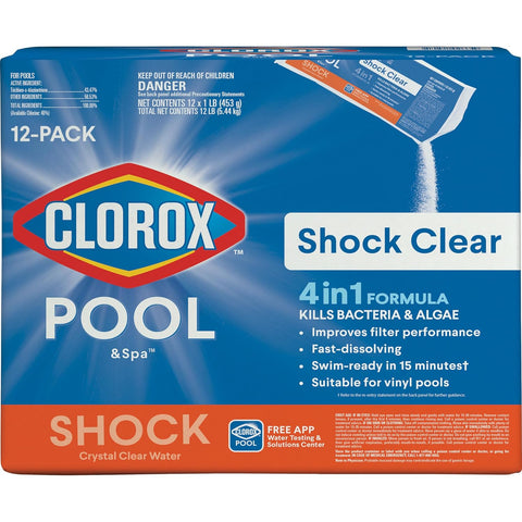 Clorox® Pool&Spa™ Shock Clear, for Crystal Clear Swimming Pool Water, Swim-ready in 15 minutes, Suitable for vinyl pools (12-Pack)