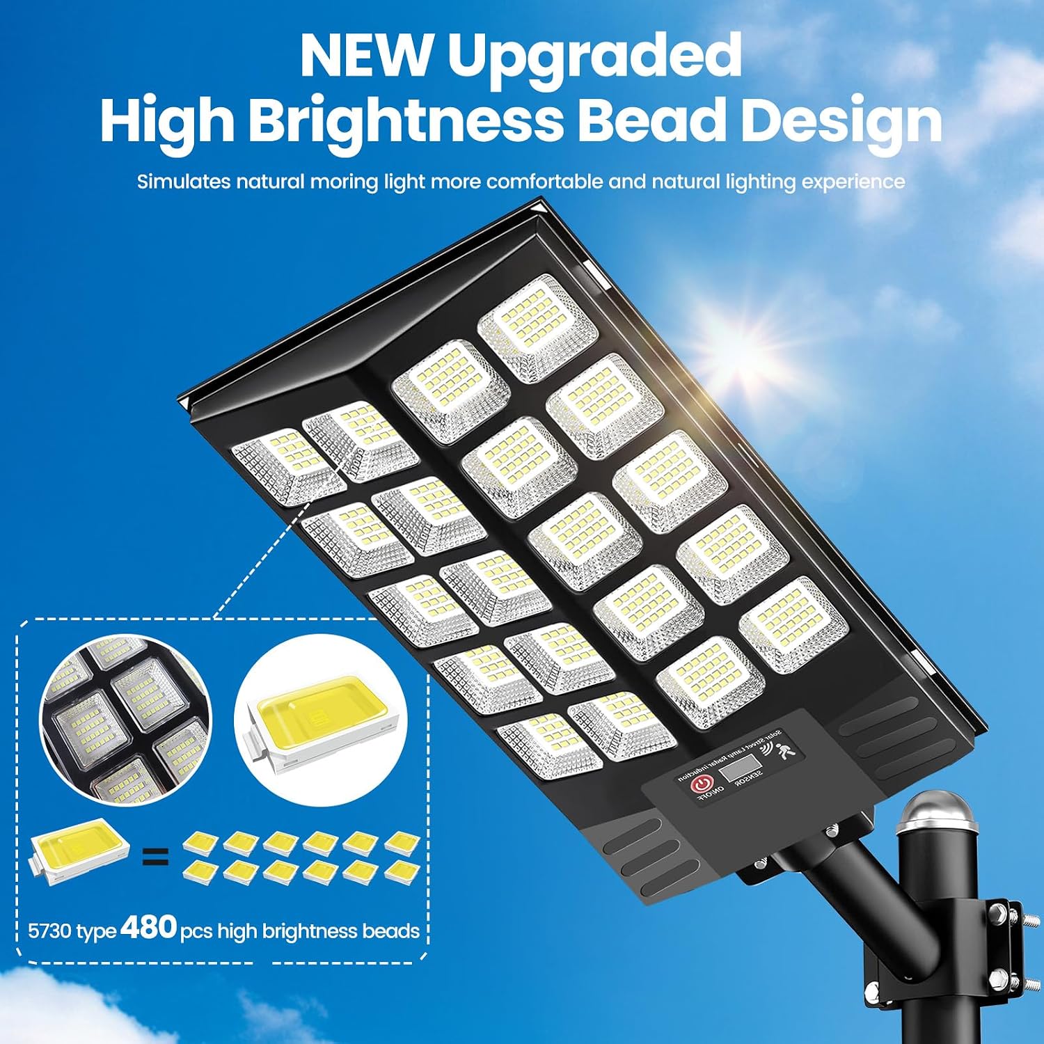 2 Pack Solar Street Lights Outdoor Waterproof, 100000LM Solar Powered Parking Lot Lights Large Street Light Dusk to Dawn with Motion Sensor, LED Flood Light Wide Angle Lamp for Patio and Parkling Lot