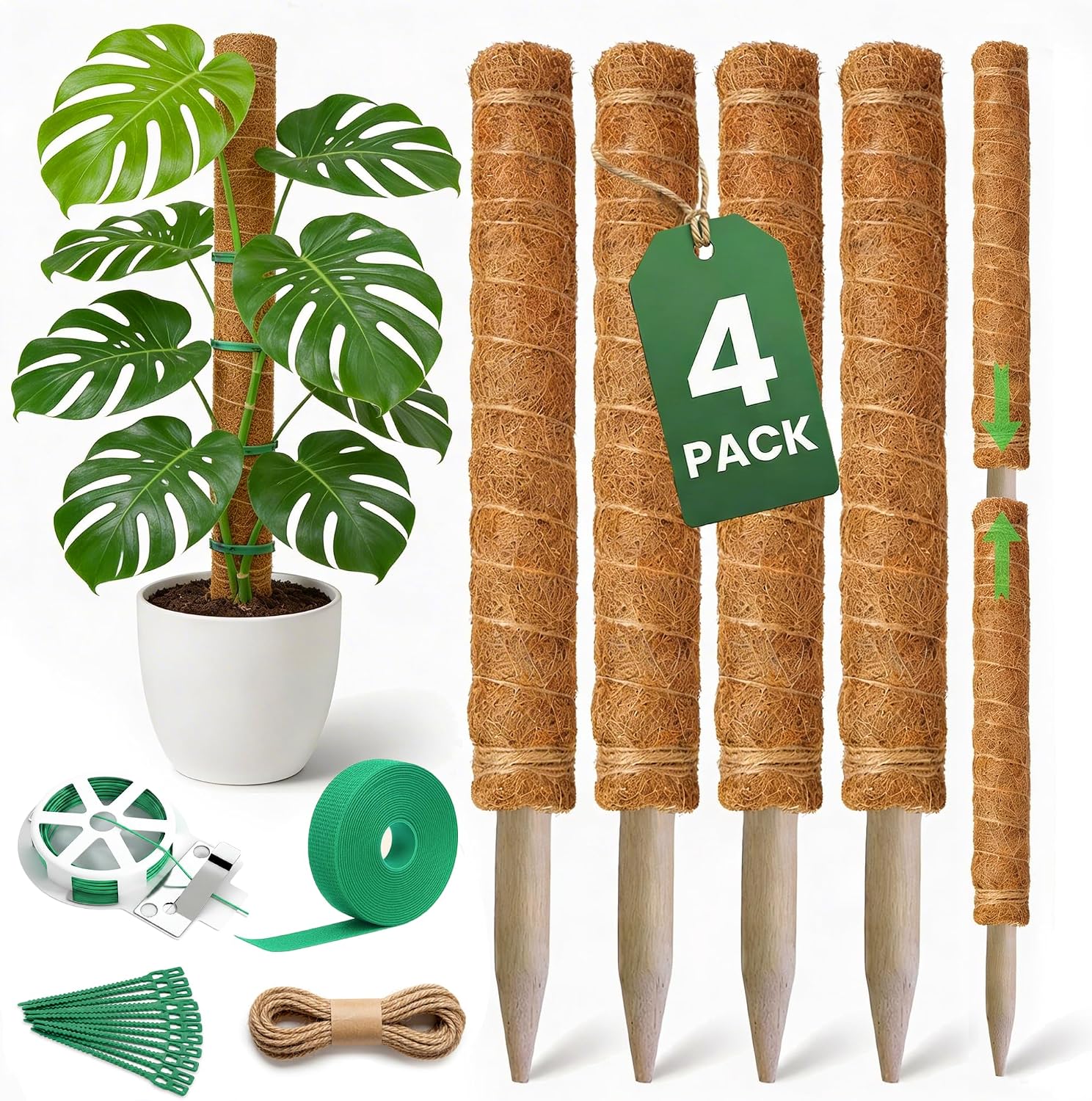 4 Pack 16" Moss Pole Monstera Plant Support - Stackable up to 48"