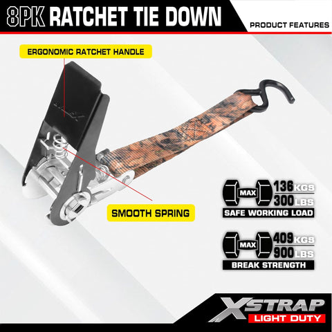 XSTRAP STANDARD 8-Pack Ratchet Tie Down Straps, 1"x10 FT, 900LB, Camouflage