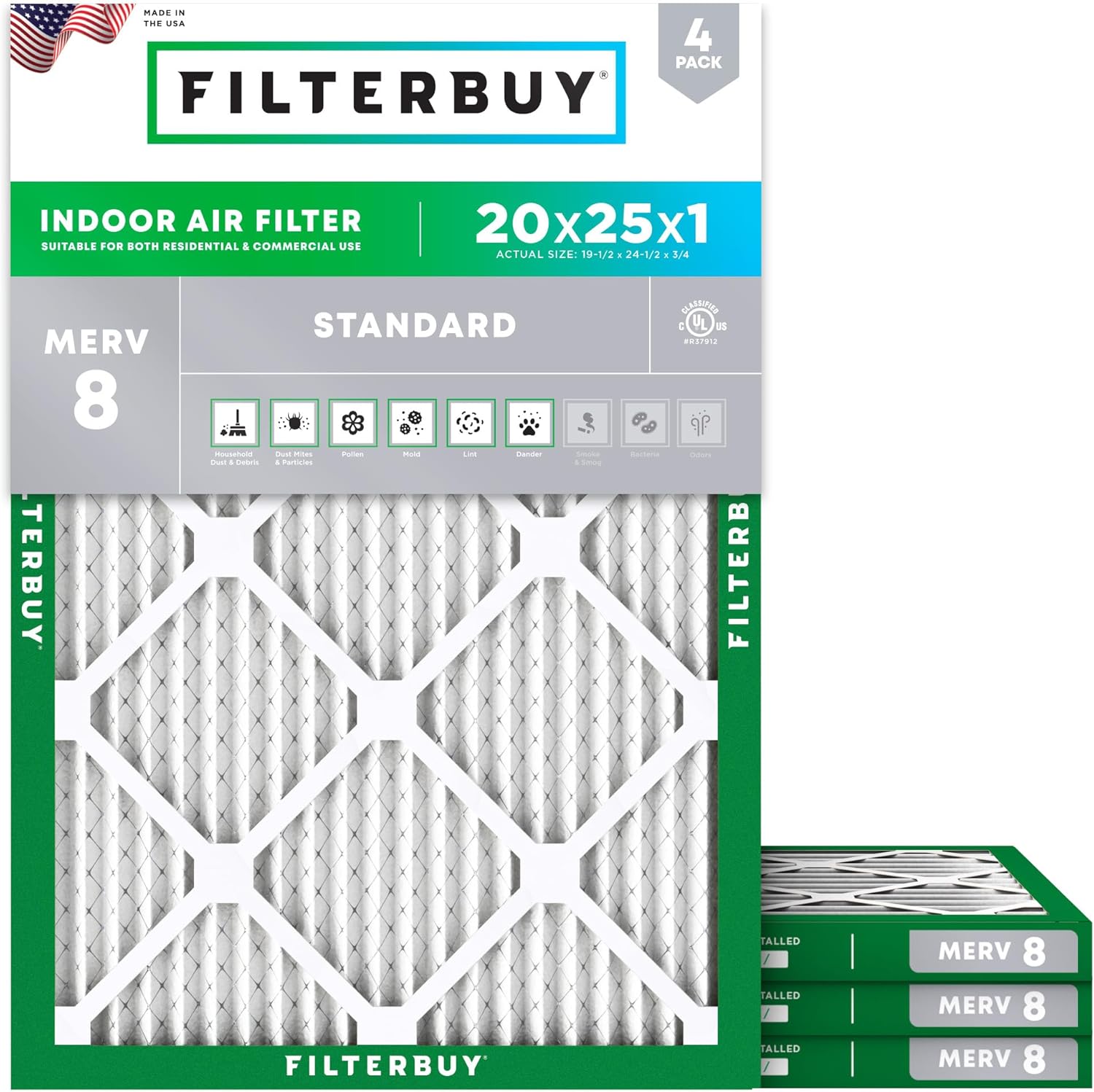 Filterbuy 20x25x1 Air Filter MERV 8 Dust & Allergy Defense (4-Pack)