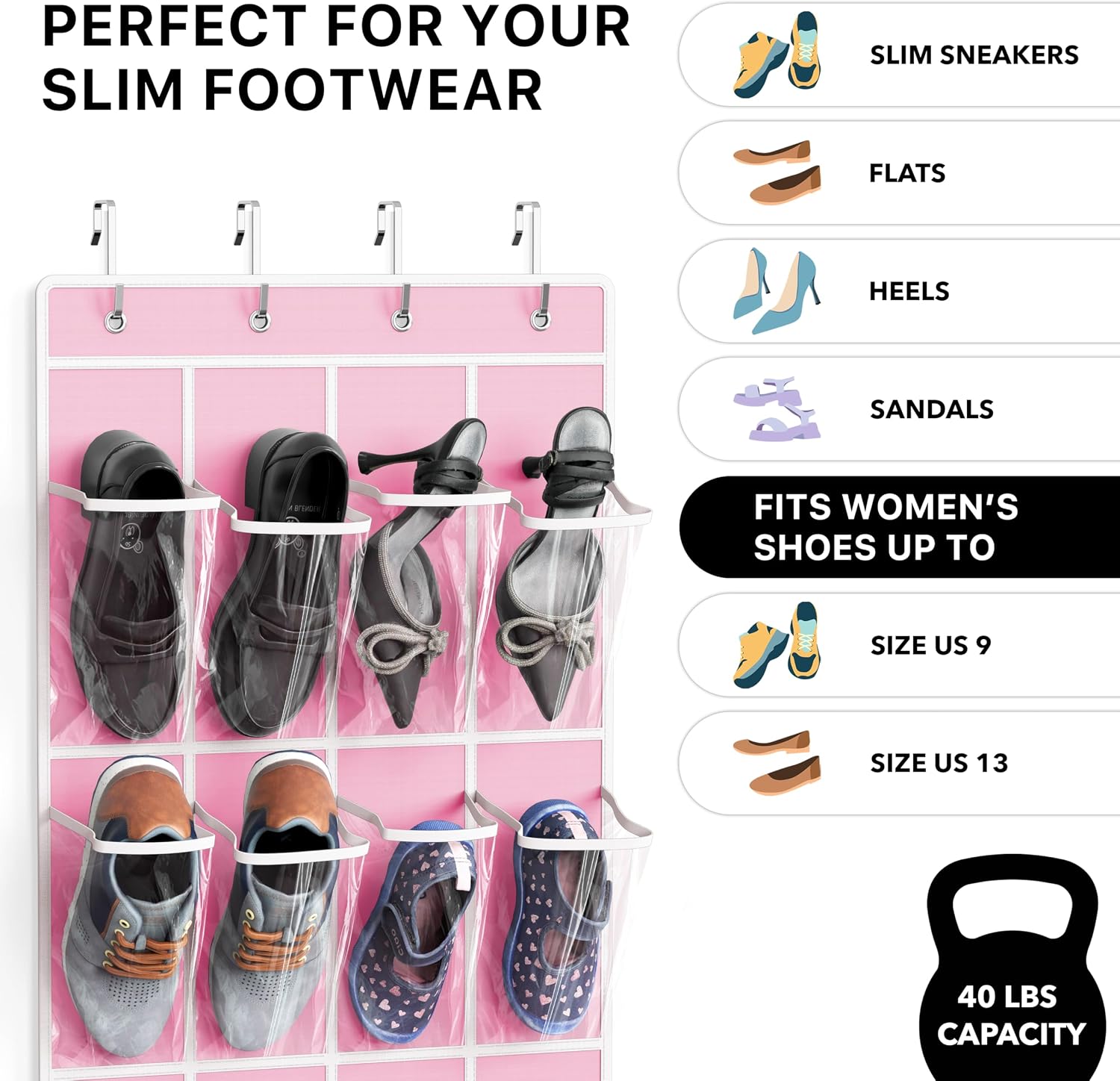Simple Houseware 24 Pockets Clear Over the Door Shoe Organizer, Pink