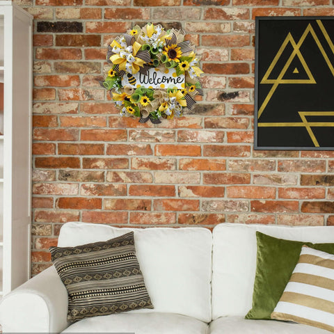 Sunflower Farmhouse Bee Wreath for Front Door, Sunflower Wreath Autumn Rustic Farmhouse Reef Outdoor Summer Gifts Home Yellow Floral Butterfly Bumble Garland