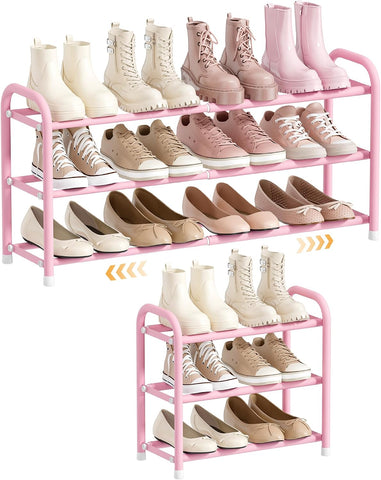 ENJOYBASICS 3 Tier Expandable Shoe Rack, Metal Small Shoes Shelf, Pink