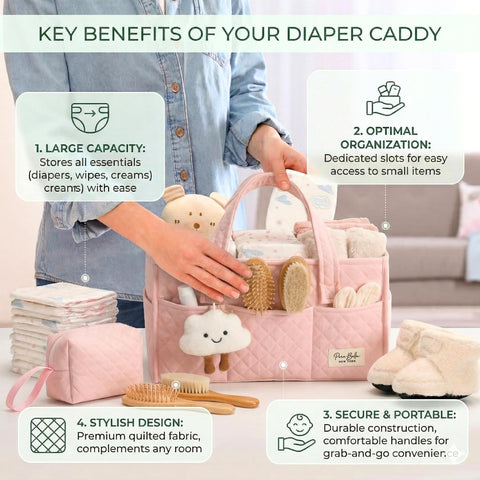 PeraBella Baby Diaper Caddy Organizer, Baby Basket Shower Gift, Portable Changing Table Basket, Postpartum Caddy & Tote Bag Pouch, Newborn Boy & Girl Nursery Essentials Registry, Car Diaper Organizer