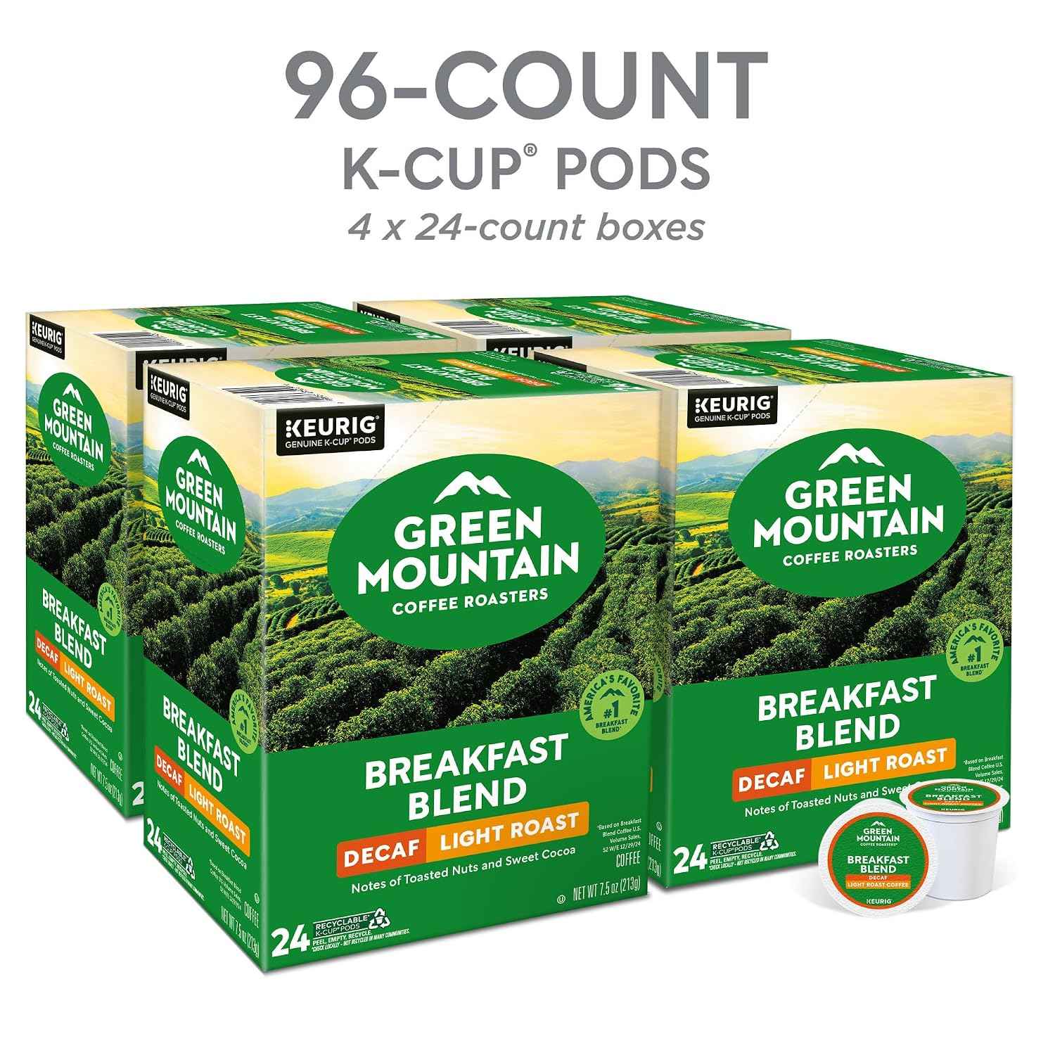 Green Mountain Coffee Breakfast Blend Decaf Keurig Single-Serve K-Cup pods, Light Roast Coffee, 96 Count