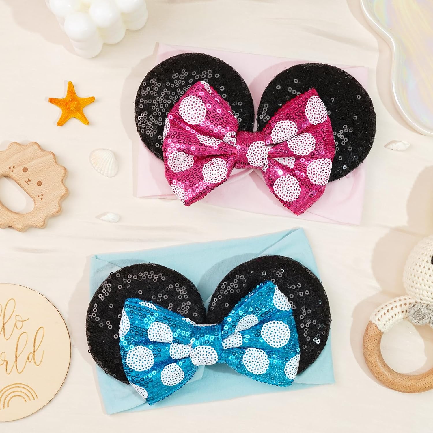 2PCS Baby Girl Rose Red Blue Headbands Mouse Ear Nylon Sequins Headbands