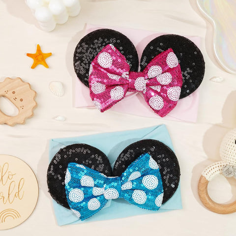 2PCS Baby Girl Rose Red Blue Headbands Mouse Ear Nylon Sequins Headbands