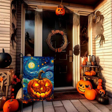 Halloween Garden Flag Pumpkin Garden Flag Van Gogh Garden Flags Arts Starry Night Sky Moon Yard Flag Double Sided Fall Porch Patio Farmhouse Outdoor Yard Decorative 12 x 18 Inch