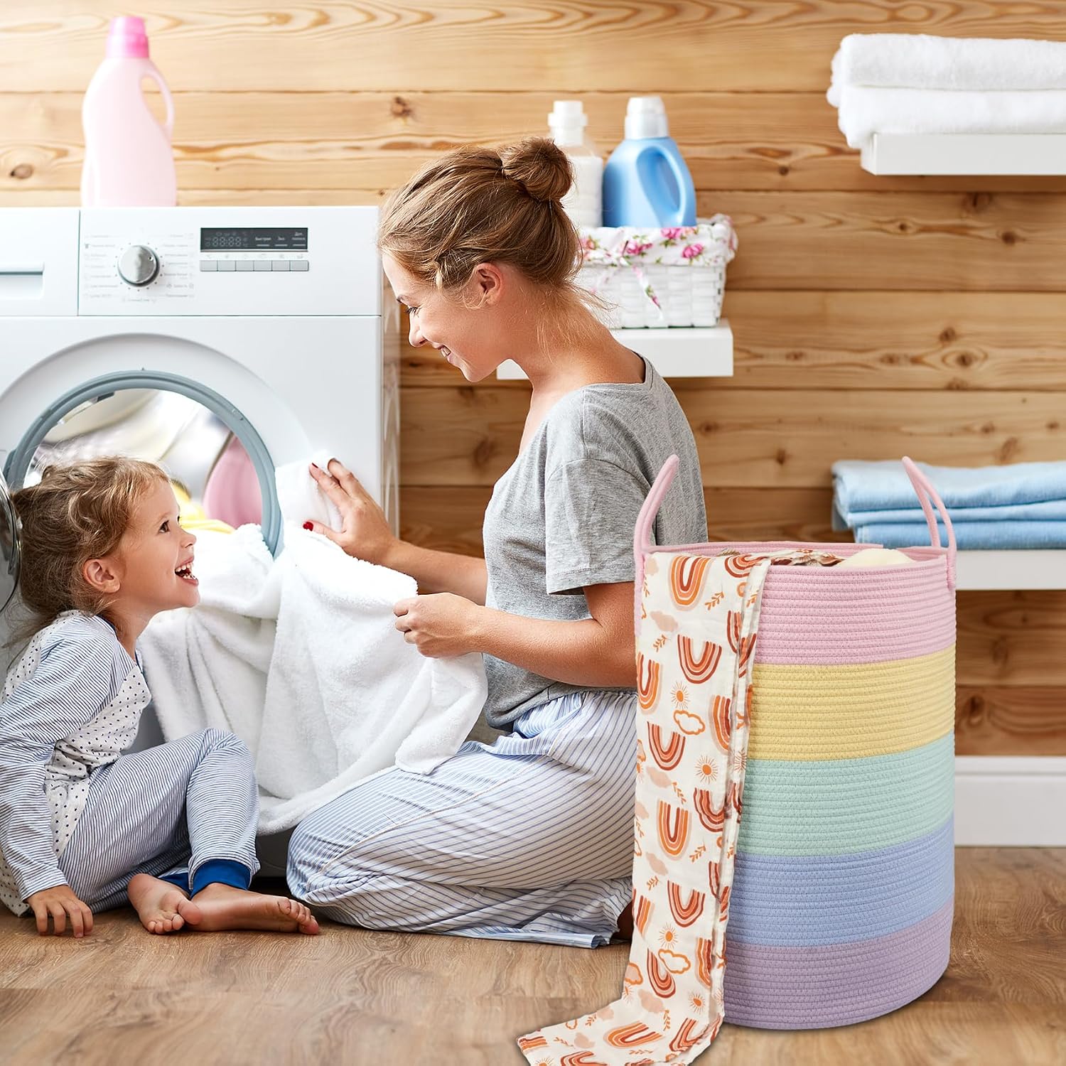 XUANGUO Rope Laundry Basket Hamper for Kids Girl Large, rainbow