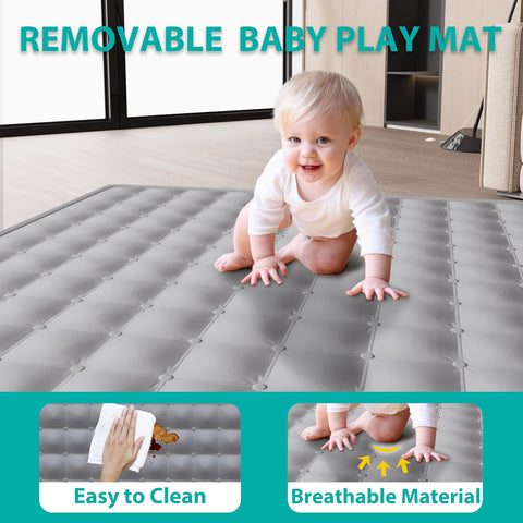ICAREWAY Foldable Playpen for Babies and Toddlers, 71"x59" Inches Portable Playpen with Mat, Kids Collapsible Play Pen with 2 Handlers, Indoor & Outdoor Baby Play Area with Visible Mesh (Light Gray)