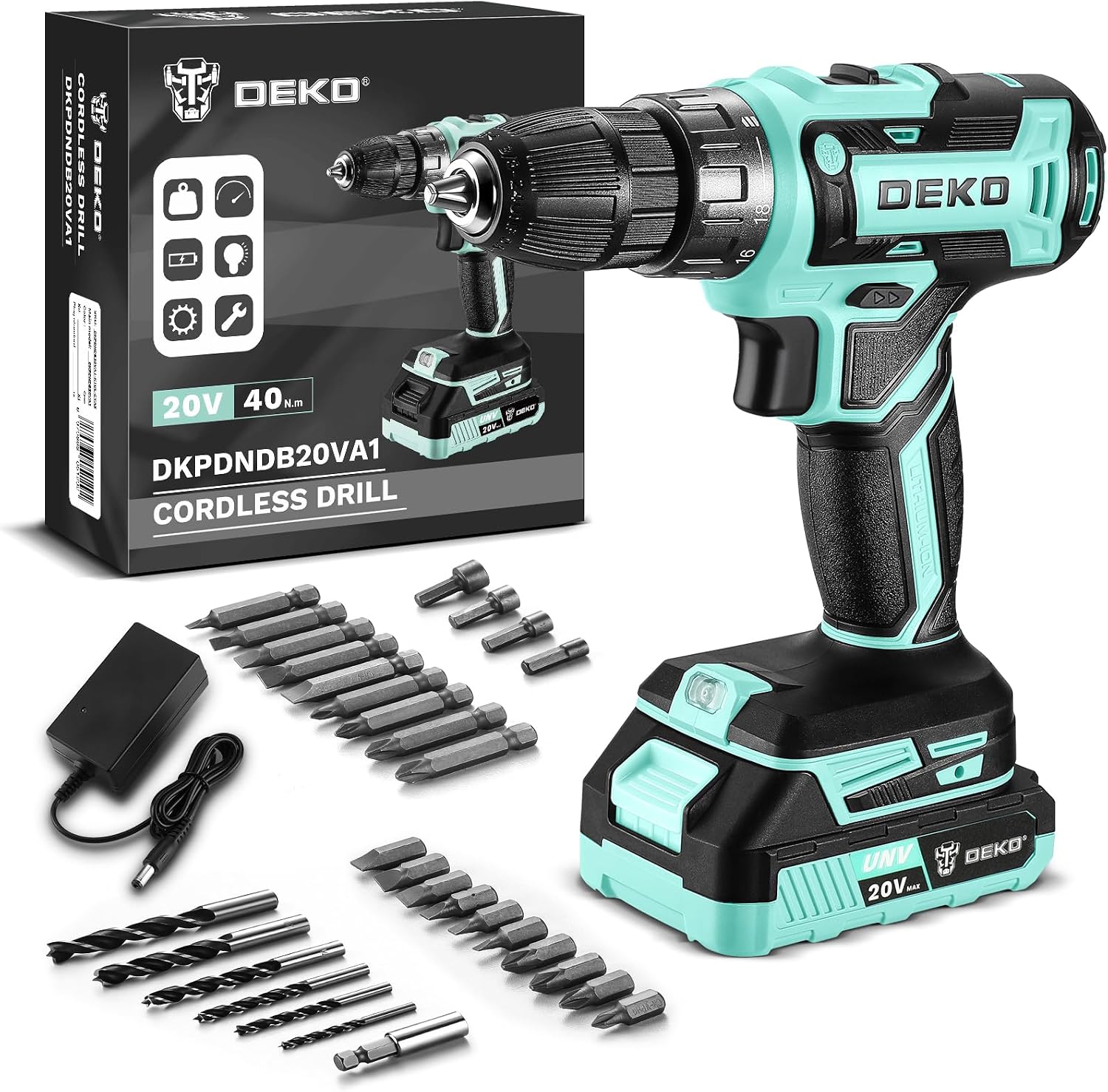 Power Drill Cordless: DEKO PRO Cordless Drill 20V Electric Power Drill Set Tool for Women Drills with Battery and Charger 20 Volt Drills Driver Kit Turquoise