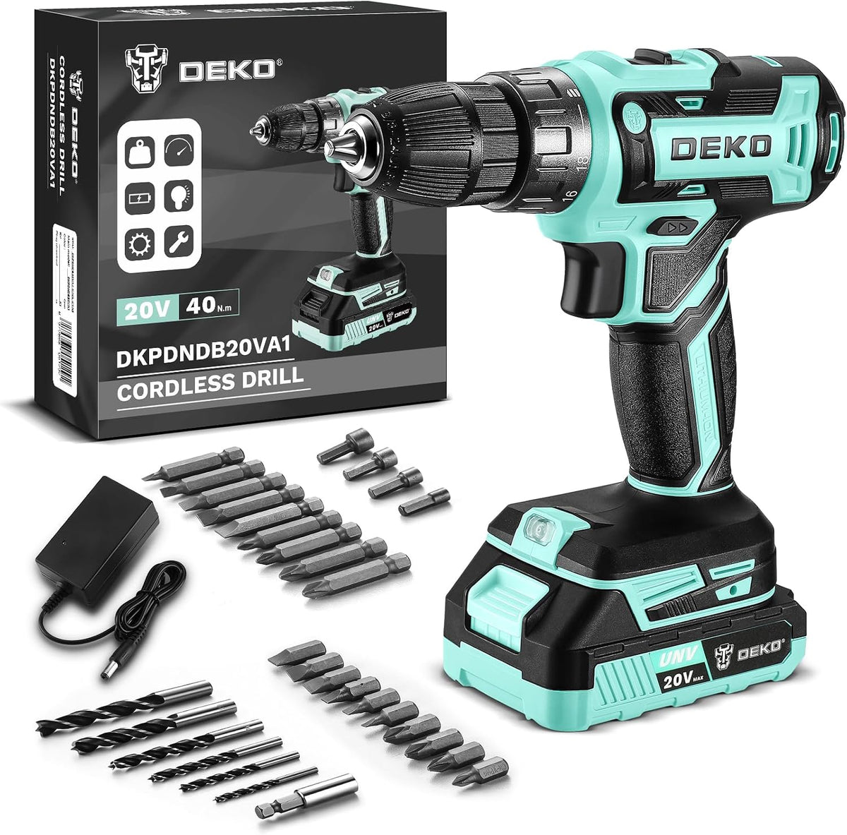 Power Drill Cordless: DEKO PRO Cordless Drill 20V Electric Power Drill Set Tool for Women Drills with Battery and Charger 20 Volt Drills Driver Kit Turquoise