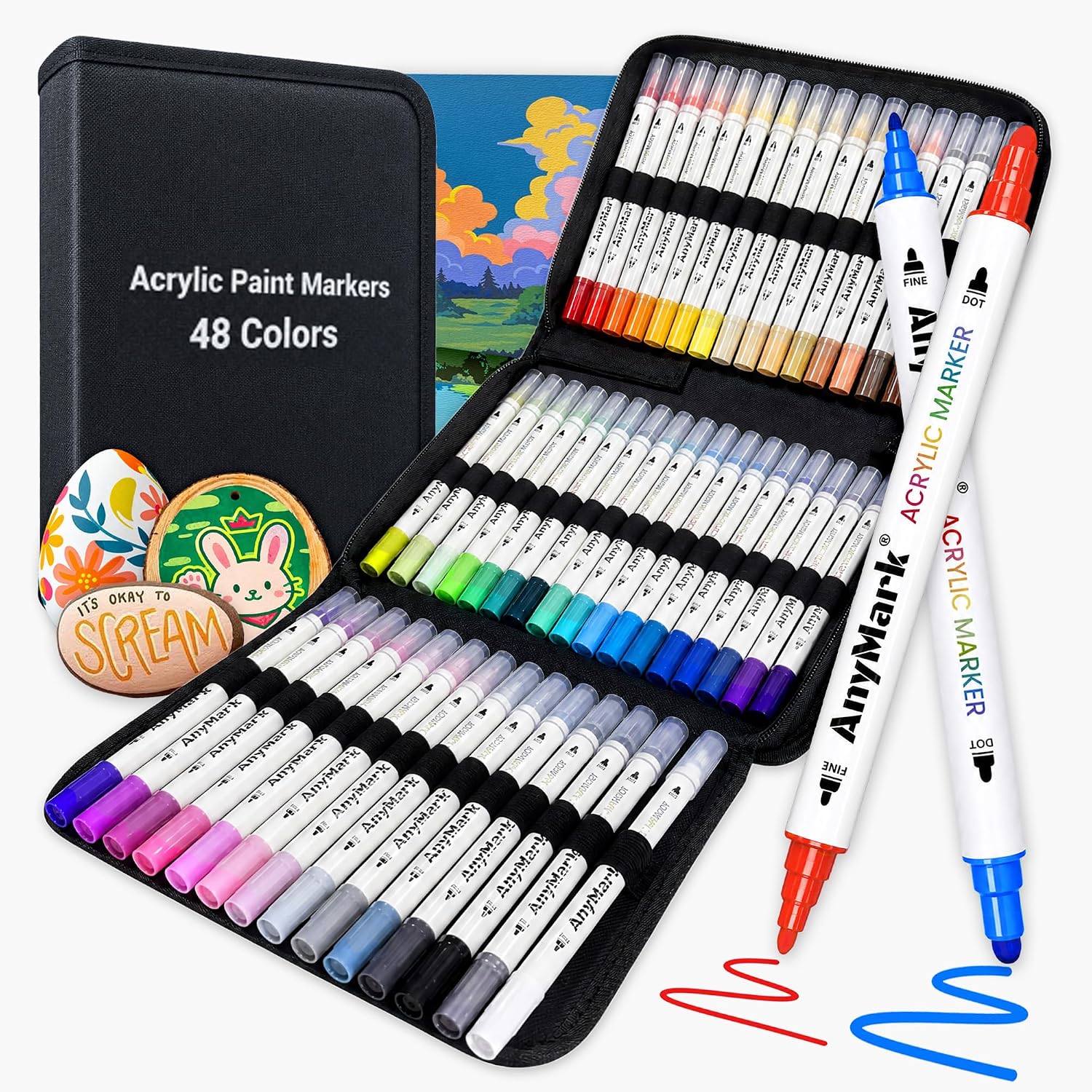 AnyMark 48 Colors Acrylic Paint Markers Dot & Fine Paint Pens