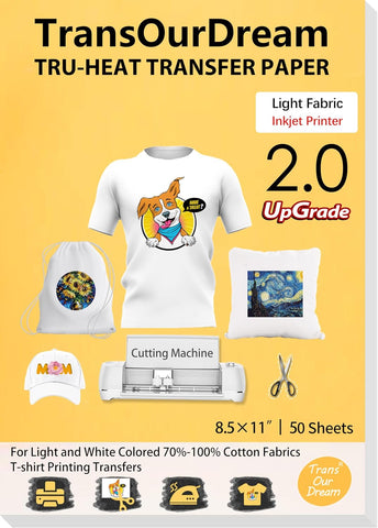 TransOurDream Heat Transfer Paper for Light Shirts(50 Sheets, 8.5x11),Printable HTV Heat Transfer Vinyl for Inkjet Printers