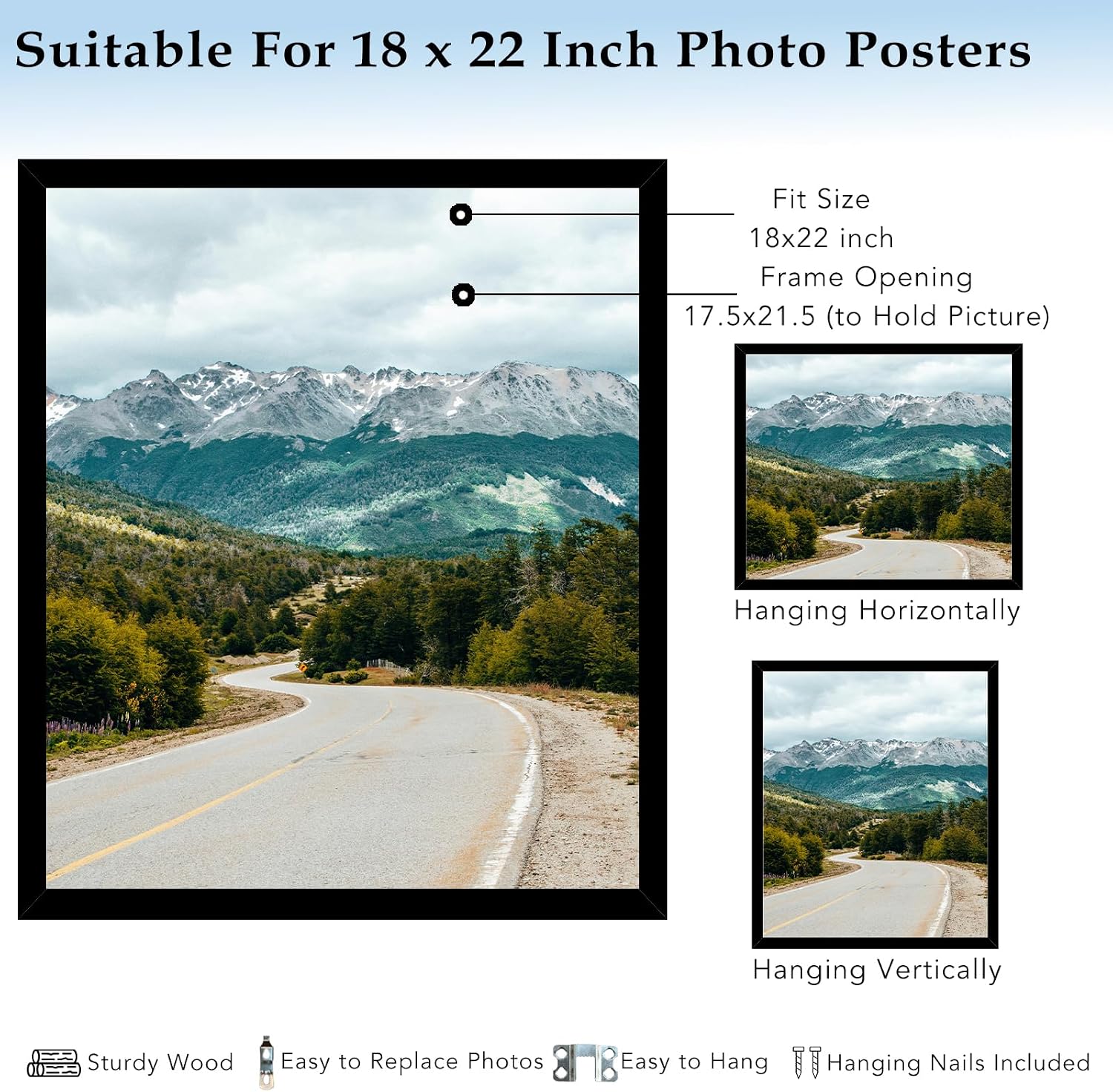 Wood 18x22 Picture Frame Black for Wall Hanging, 18 x 22 Frame Photo Frame for Wall Horizontally or Vertically, Black, 1 Pack