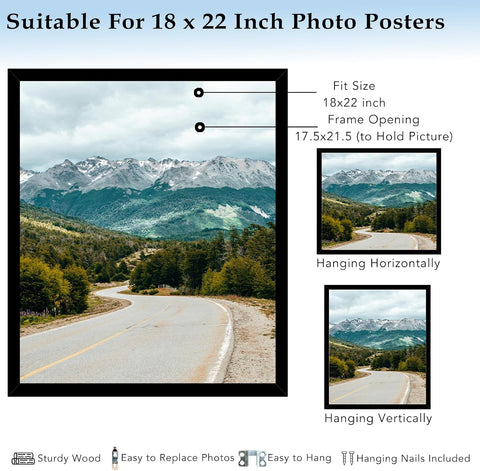 Wood 18x22 Picture Frame Black for Wall Hanging, 18 x 22 Frame Photo Frame for Wall Horizontally or Vertically, Black, 1 Pack