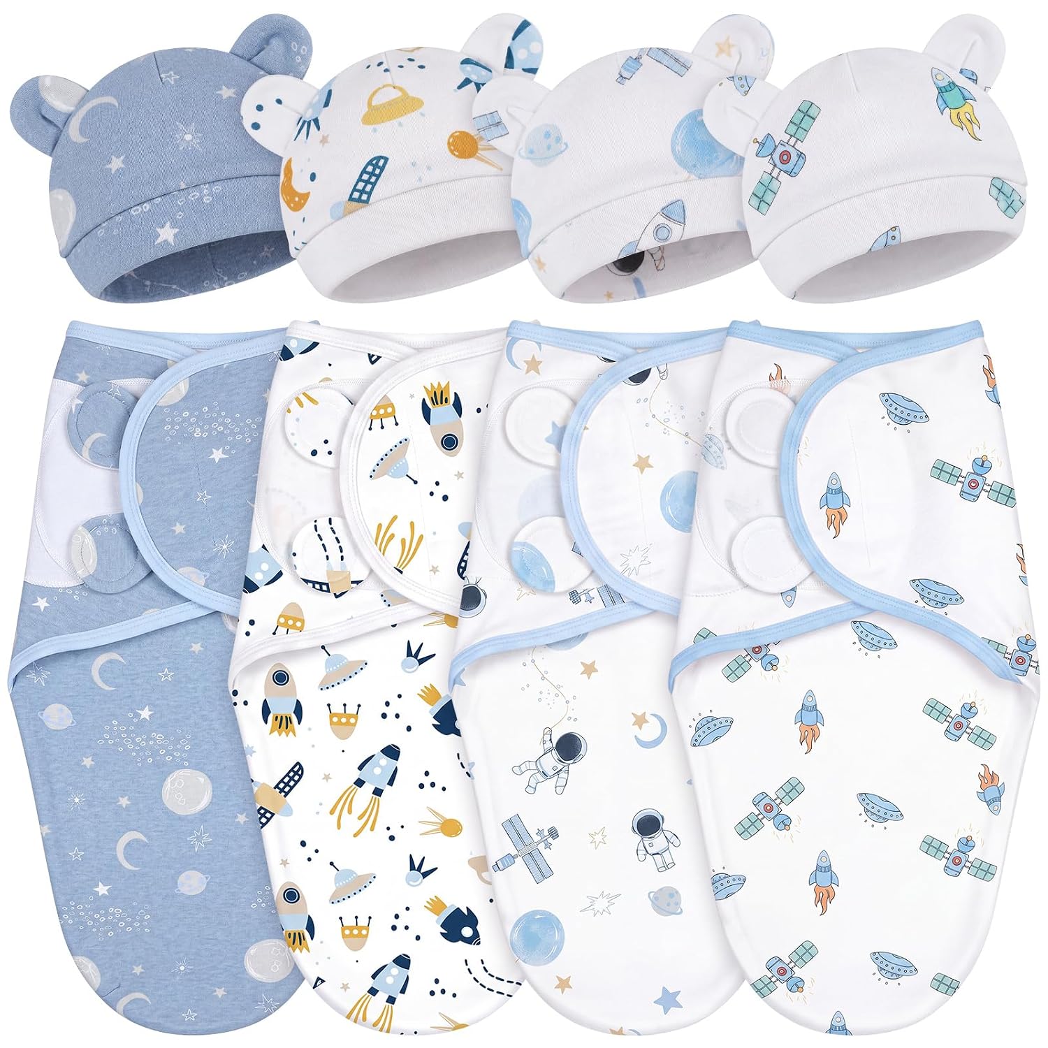 Buryeah 4 Pack Preemie Swaddle Blankets with Hats, Preemie, Space, Blue