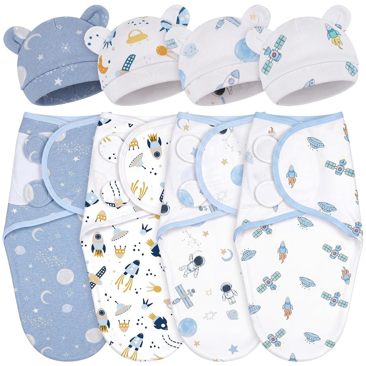 Buryeah 4 Pack Preemie Swaddle Blankets with Hats, Preemie, Space, Blue