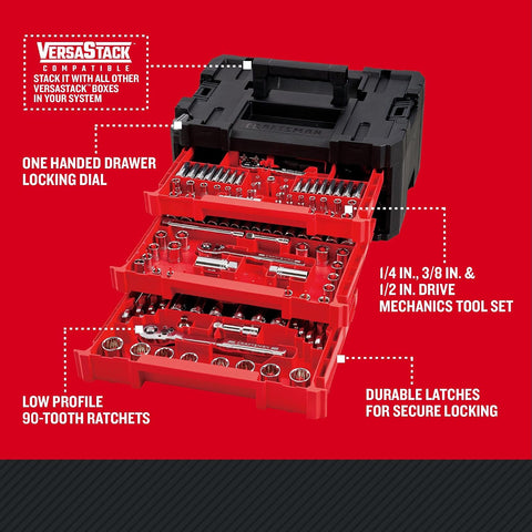 Craftsman 262-Piece Mechanic Tool Set with 3-Drawer VERSASTACK Box, SAE and Metric Socket Set, Car and Motorcycle Tool Kit with Combination Wrenches and Spark Plug Sockets, 90-Tooth (CMMT45309)