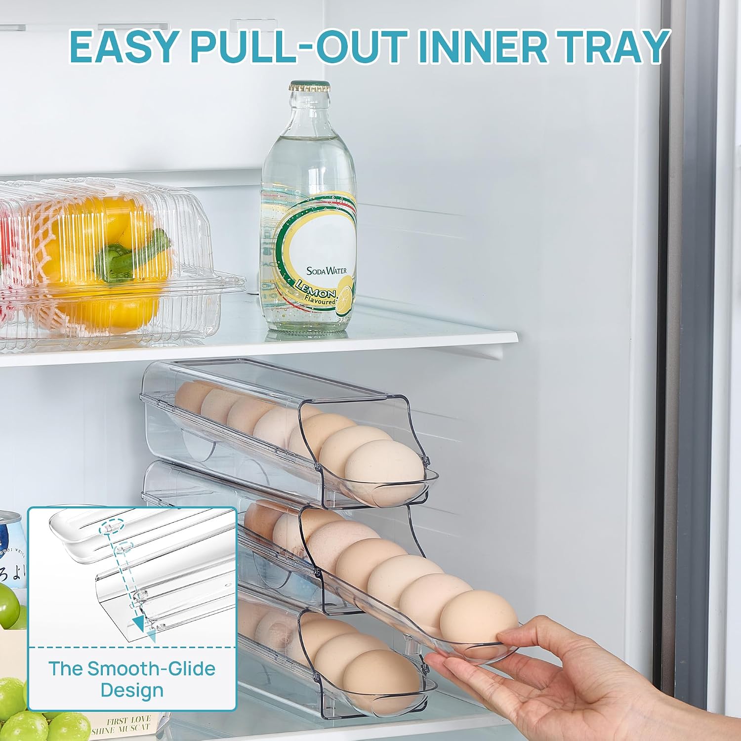 Vtopmart 2 Pack Auto Rolling Egg Holder for Fridge, egg container for refrigerator