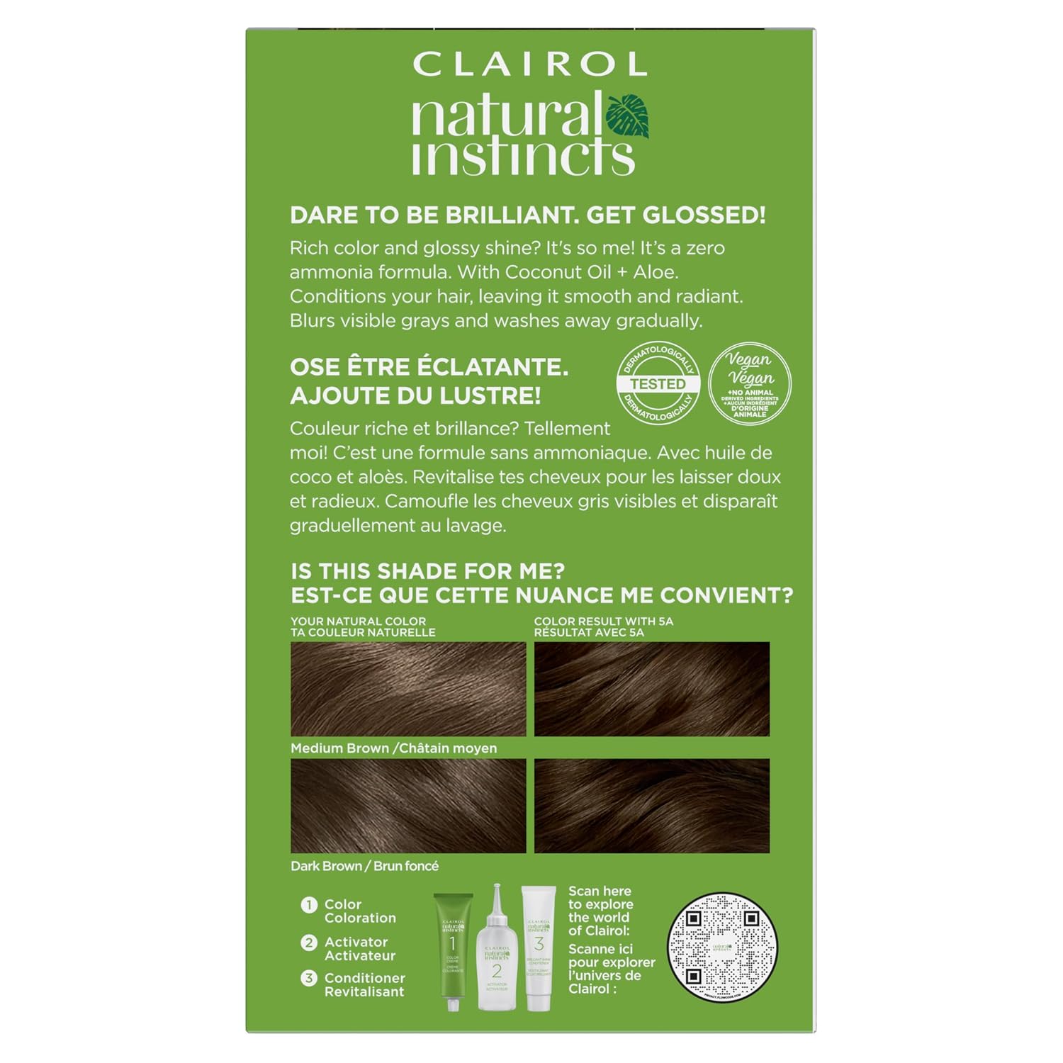 Clairol Natural Instincts Demi-Permanent Hair Dye, 5A Medium Cool Brown | Ammonia‑Free, Vegan Hair Color with Coconut Oil & Aloe Vera | Pack of 3