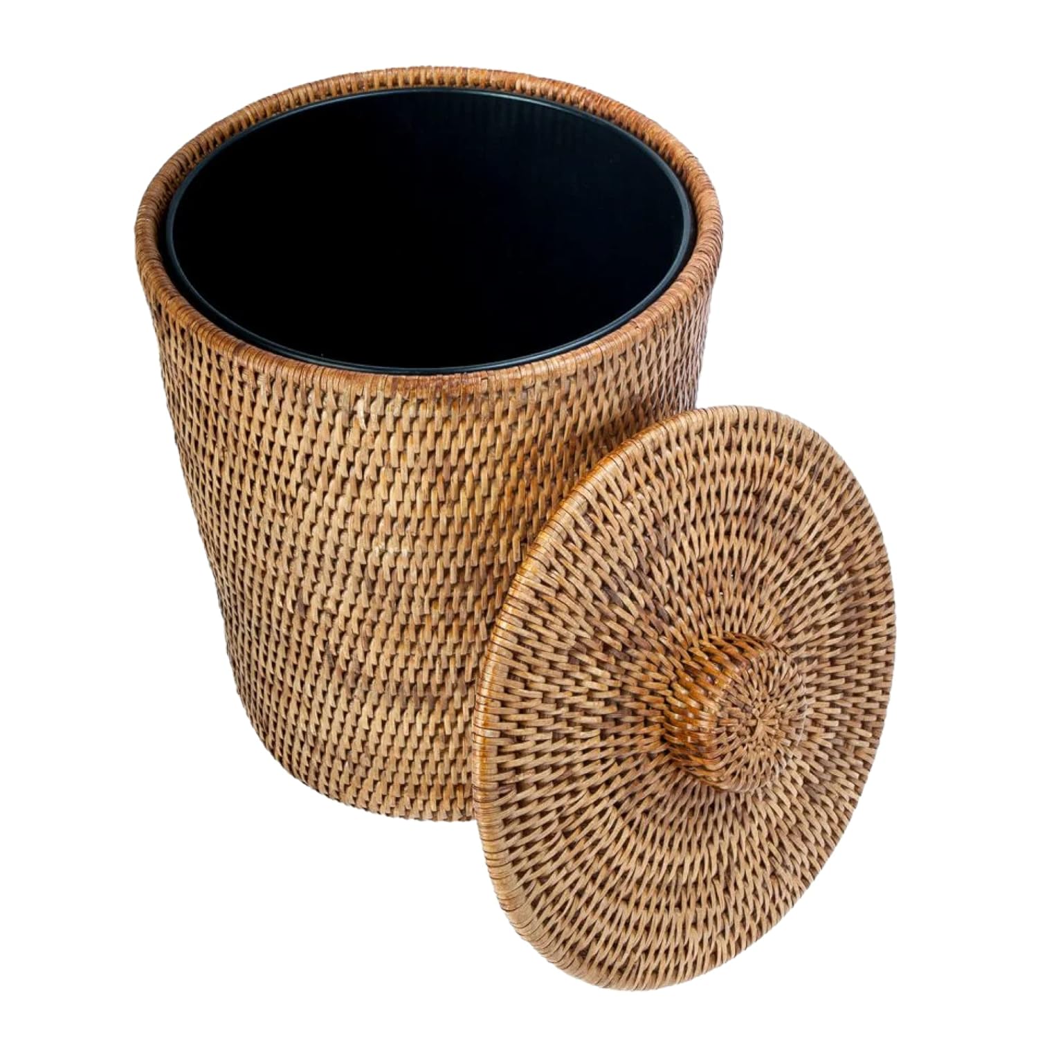 KOUBOO La Jolla Rattan Round Waste Basket With Lid & Plastic Insert, 2 Gallon Woven Wastebasket for Bathroom, Kitchen, Office, Living Room, & Home Decor, Honey Brown