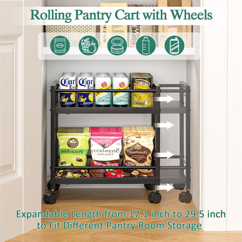 2 Pack 2-Tier Expandable Rolling Pantry Cart with Wheels, Adjustable Floor Organizer for Kitchen Pantry, Can Organizer for Pantry, Storage Cart for Snack, Food, Vegetables, Black, Patent Pending