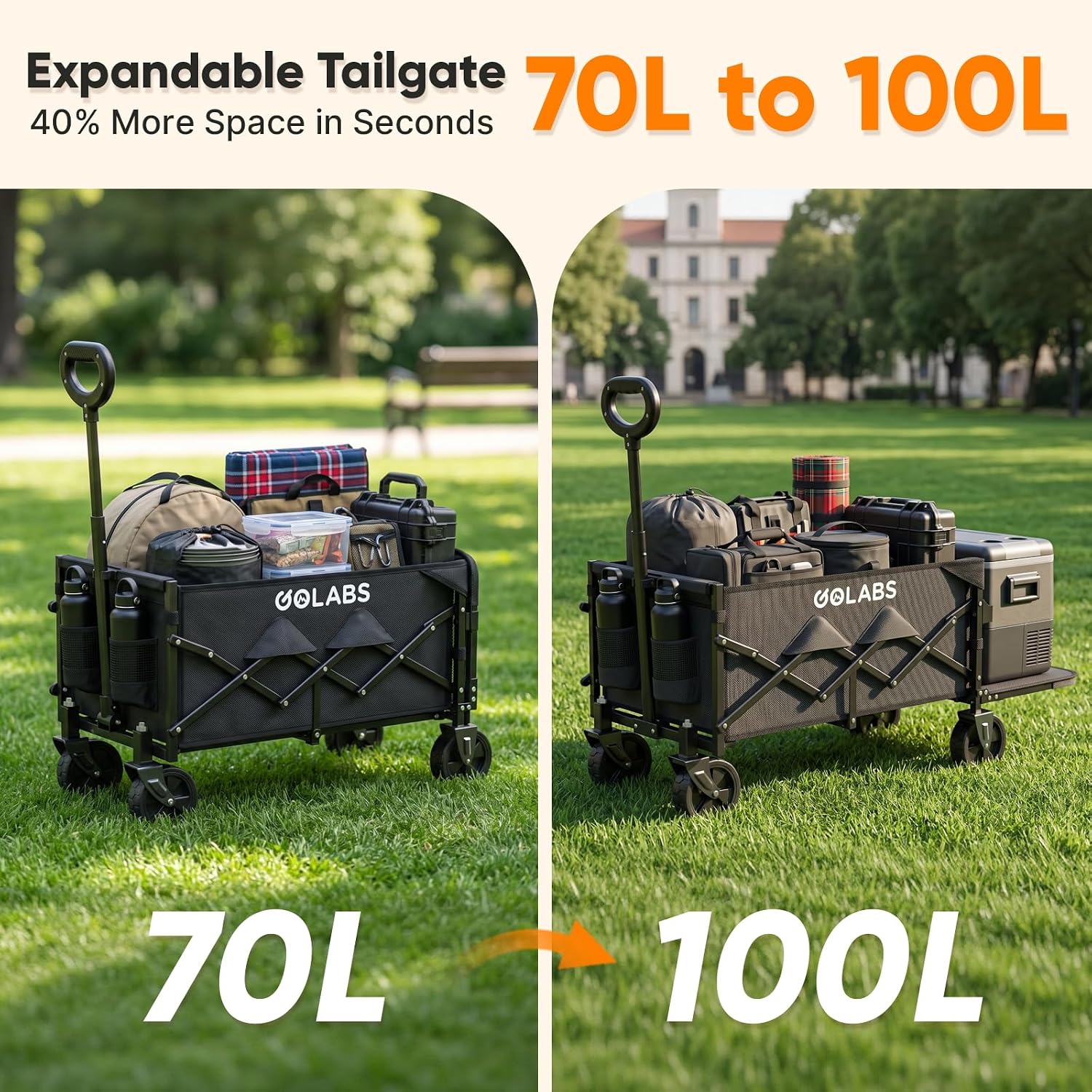 Golabs WA1 Collapsible Folding Wagon Cart, Max 220lb Load, Expands to 100L