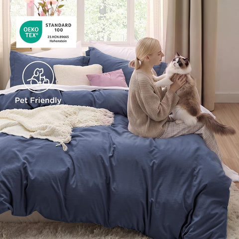 Bedsure Prewashed Duvet Cover King, Cotton-Like Soft Bedding Set, Navy