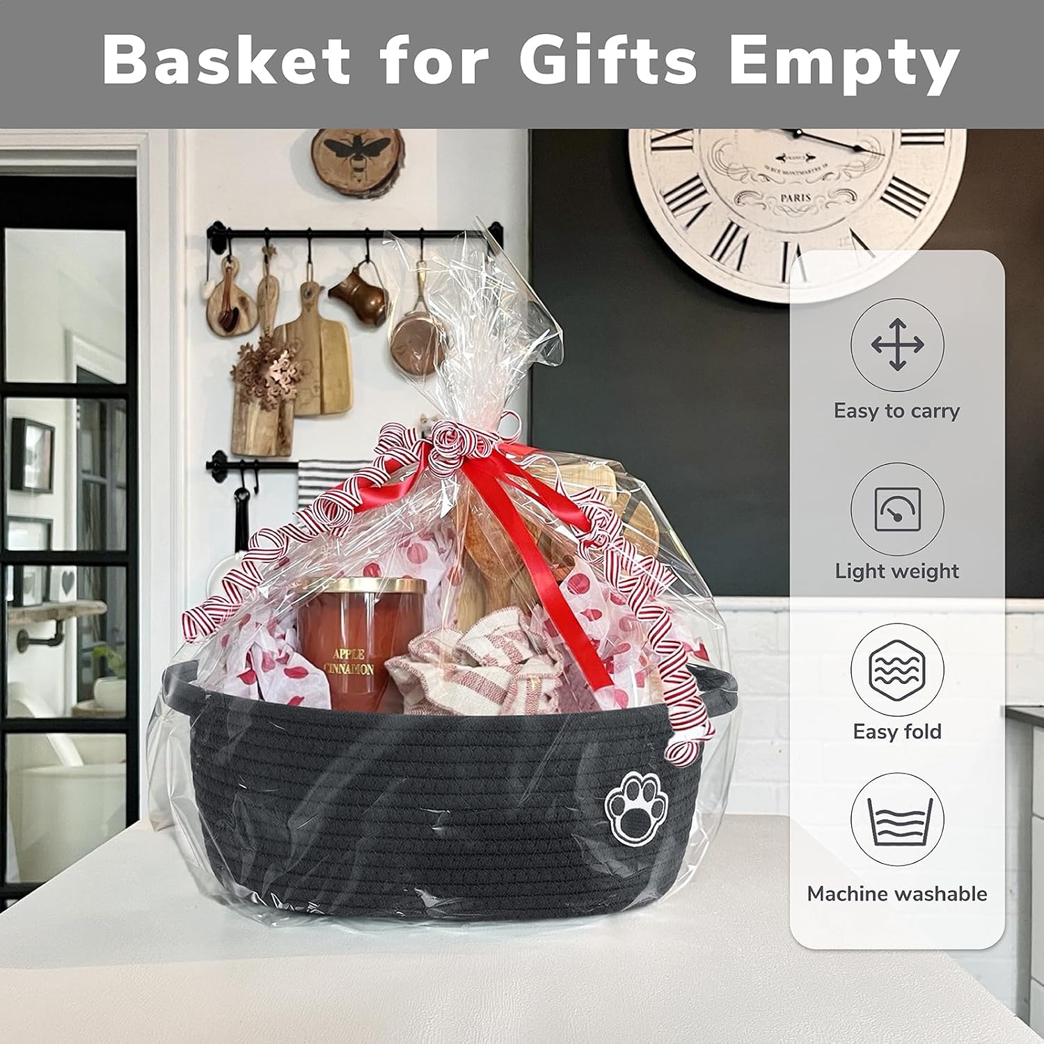 Woven Rope Dog Toy Basket with Paw Print, Black