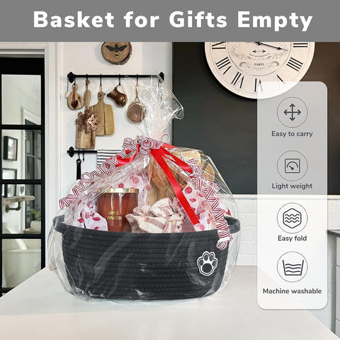 Woven Rope Dog Toy Basket with Paw Print, Black