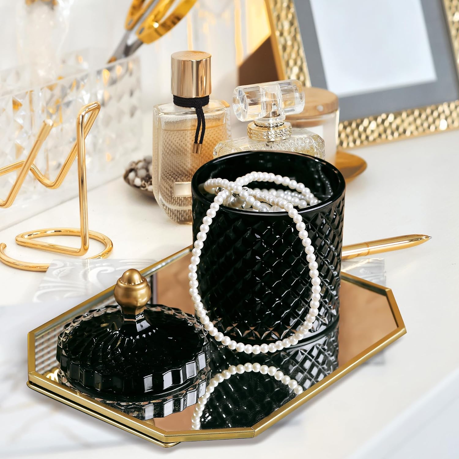 Joeyan 18oz Black Glass Jars with Lid,Embossed Candy Dishes,Diamond Faceted