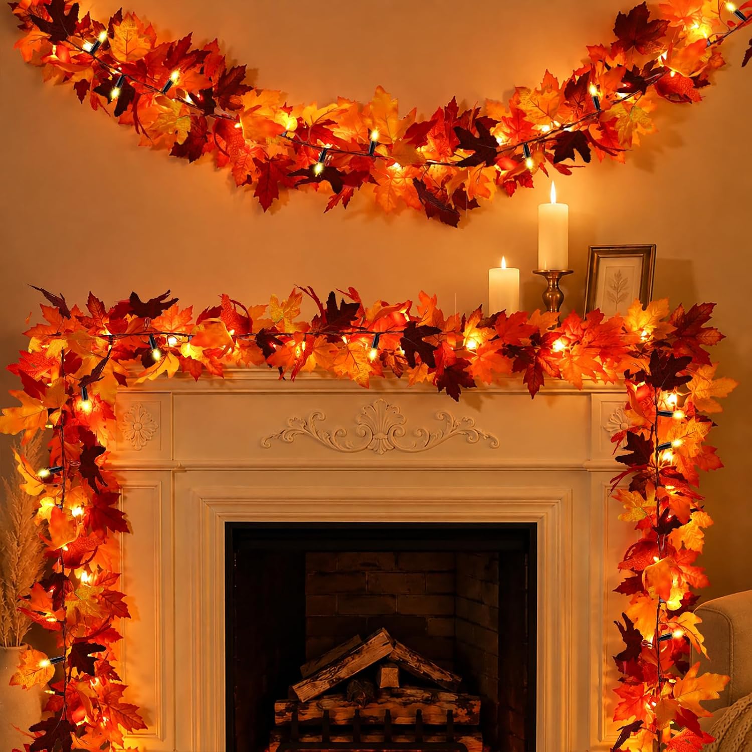 Timer-12Ft 50 LED Fall Garland with Lights,8 Modes Battery Operated Waterproof Fall Decorations Maple Leaf Lights for Mantle Fireplace Table Indoor Thanksgiving Decor