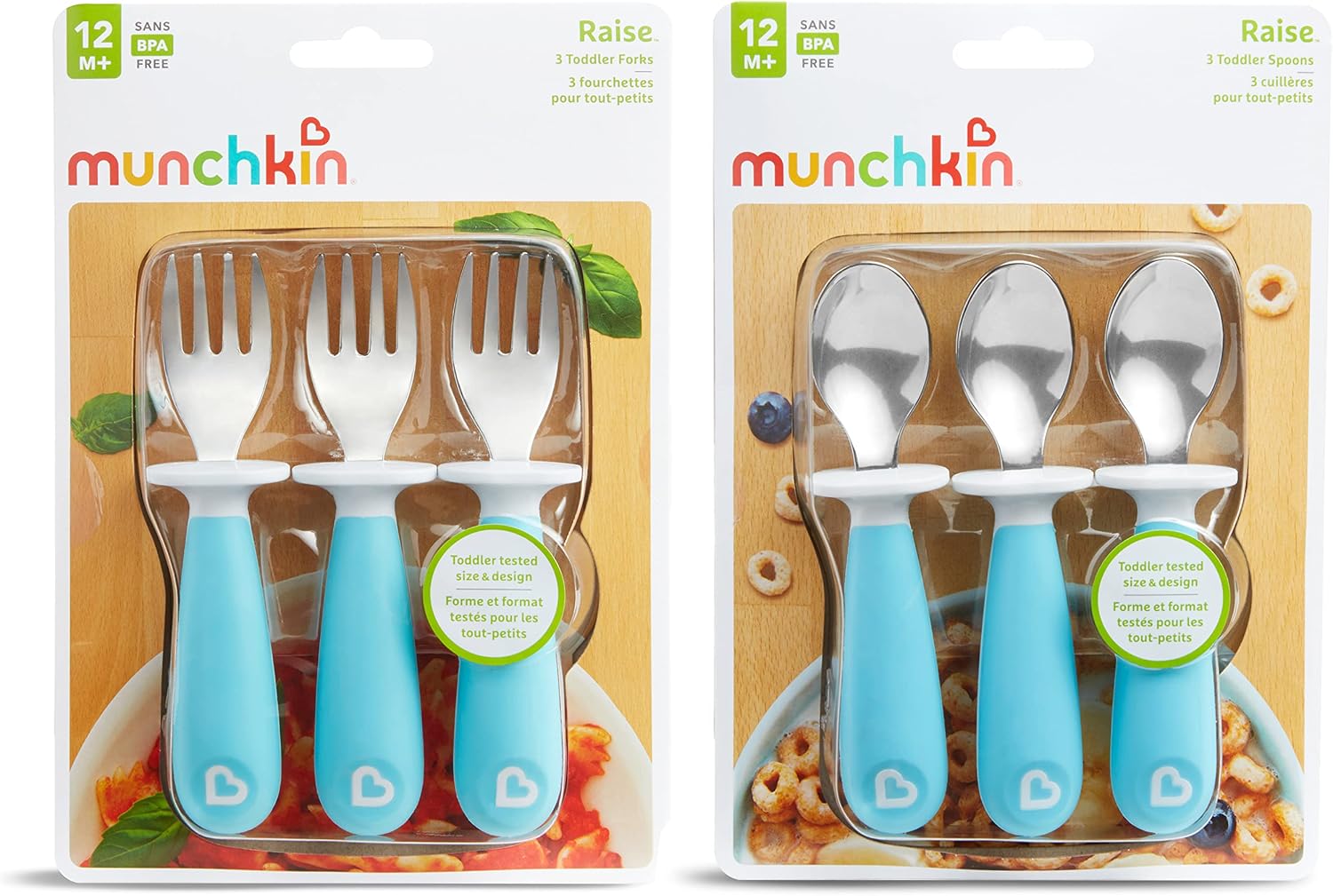 Munchkin Raise Toddler Fork and Spoon Set, BPA Free, 6 Pack, Blue