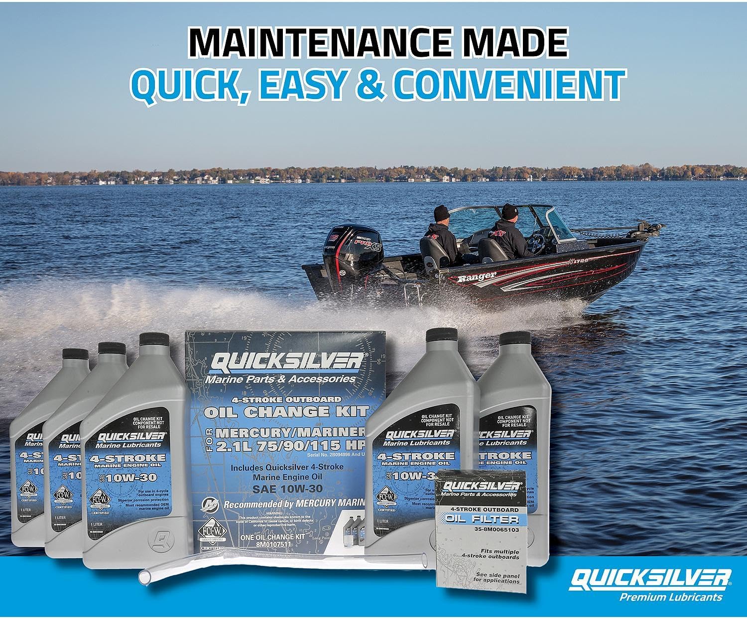Quicksilver 4-Stroke Oil Change Kit – for Mercury Outboard Engines – 15, 20, 25, 30, 40, 50, 60, 75, 90, 115, 150, 175, 200, 225, 250, 300, 350, 400 HP