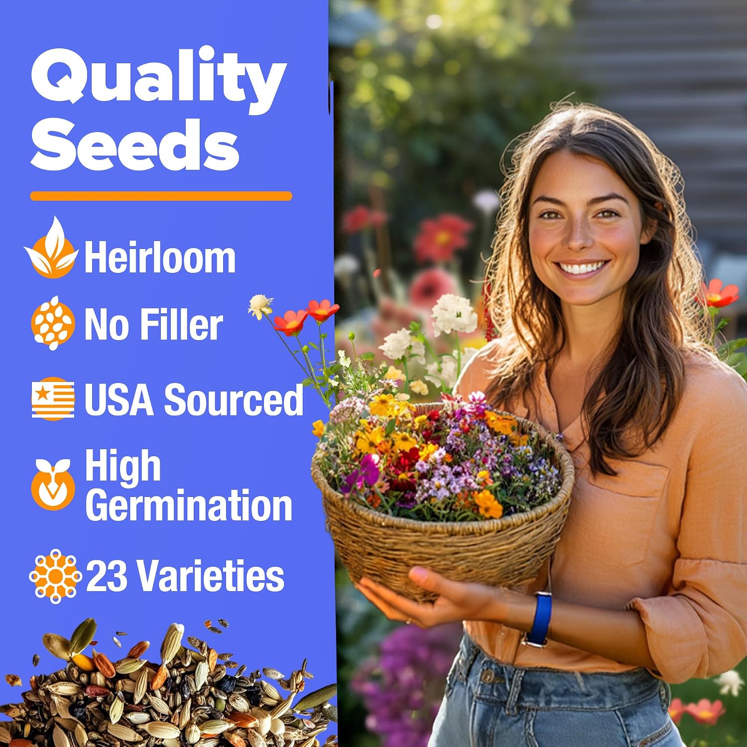 HOME GROWN Premium Wildflower Seeds Bulk Mix | 134,000+ Non-GMO USA Native Flower Seed for Planting Outdoors | 23 Perennial & Annual Varieties for Butterfly Garden | 3 oz