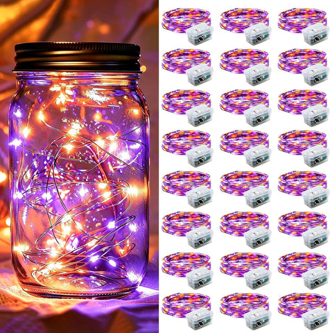 24 Pack Fairy Lights 7Ft 20 LED Twinkle String Lights Battery Operated Waterproof Firefly Starry for Mason Jar Party Wedding Christmas Valentines Day,Orange&Purple