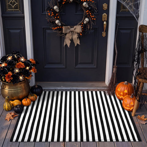 Moucuny 2' X 3' Black and White Halloween Vertical Stripe Outdoor Rug